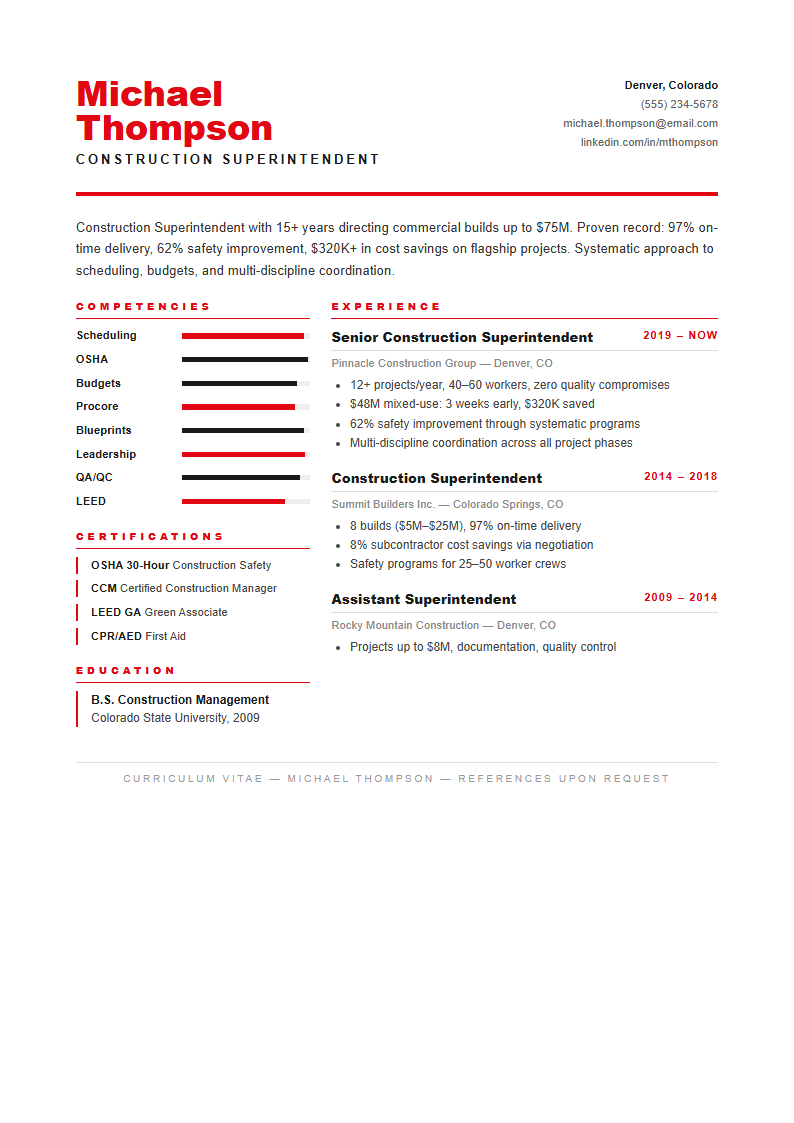 Swiss international construction superintendent resume
